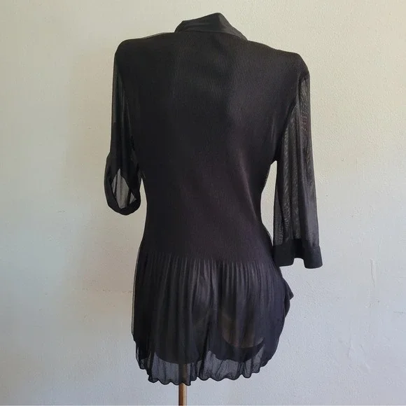Lindi Tunic Top Black Mixed Media Button Up 3/4 Roll Tab Sleeve Flowy Lagenlook - Picture 2 of 12
